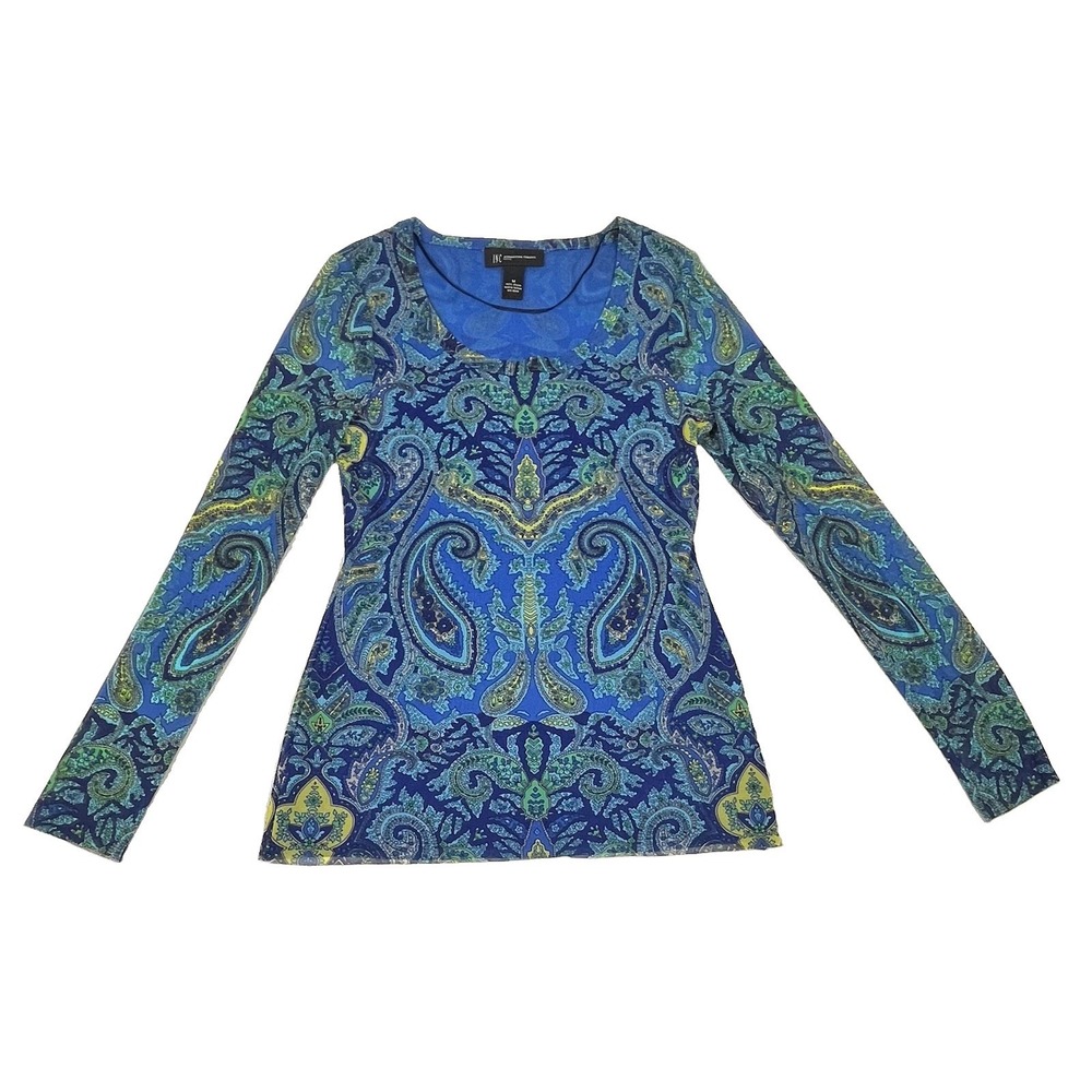 INC International Concepts Petite M Blue Paisley Long Sleeve Sheer Top Boho Wear